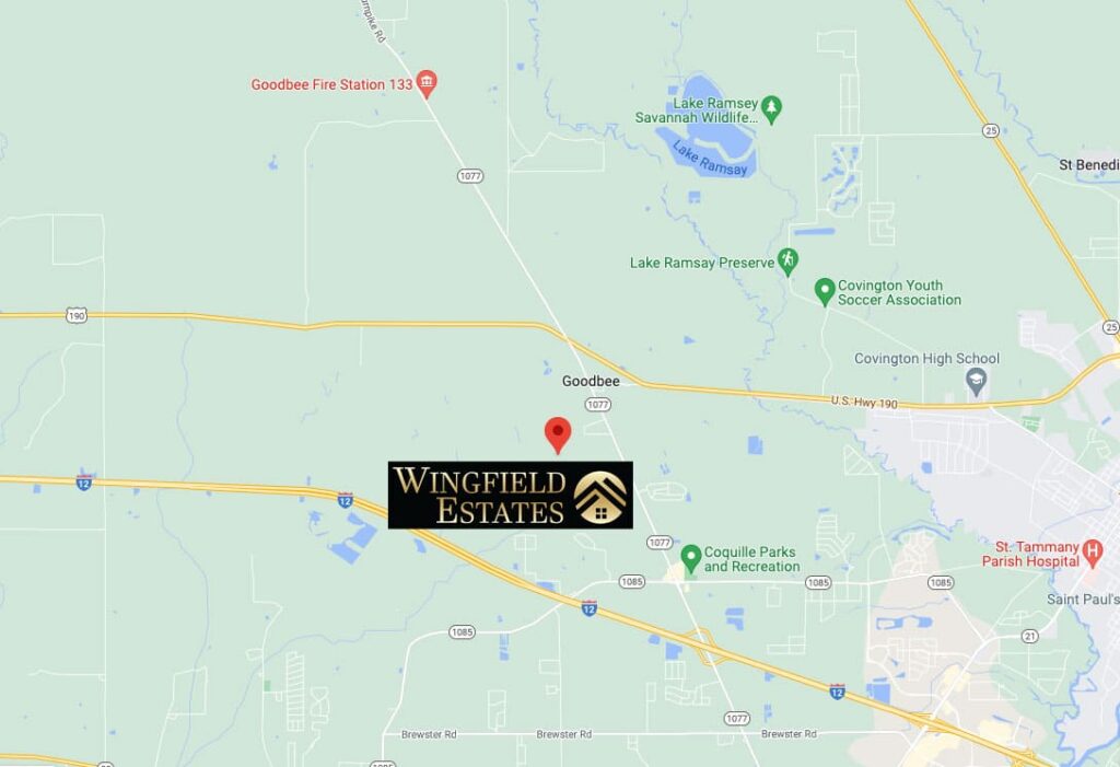 Google Map showing Wingfield Estates location near U.S. Hwy 190, Covington High School, St. Tammany Parish Hospital, and Goodbee Fire Station 133