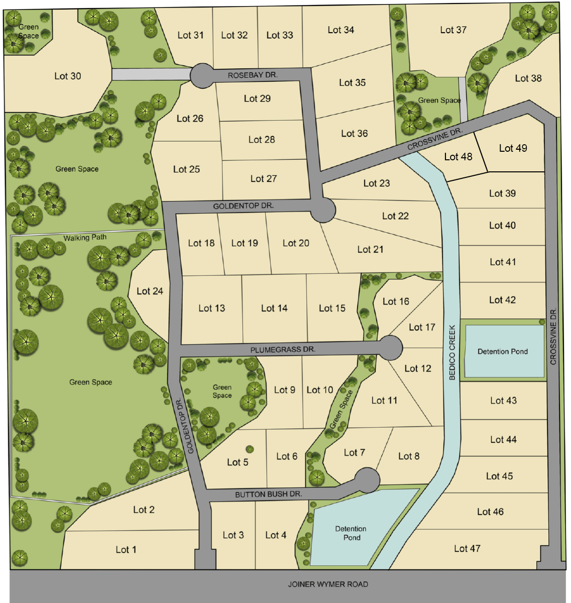 Map and site plan showing available estate lot listings and subdivision layout for Wingfield Estates, Covington LA